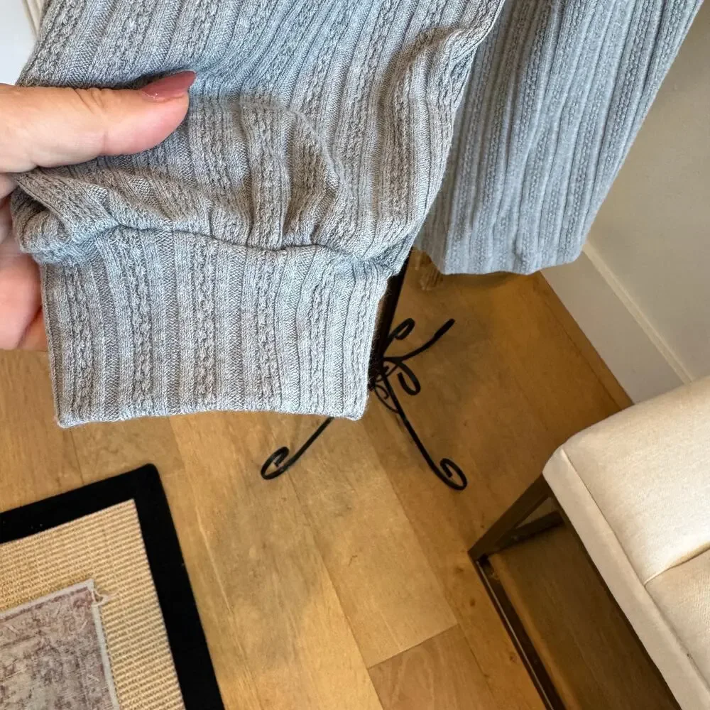 Anthropologie x Perch Gray Ribbed Knit Loungewear Cardigan Lace Pockets NWT